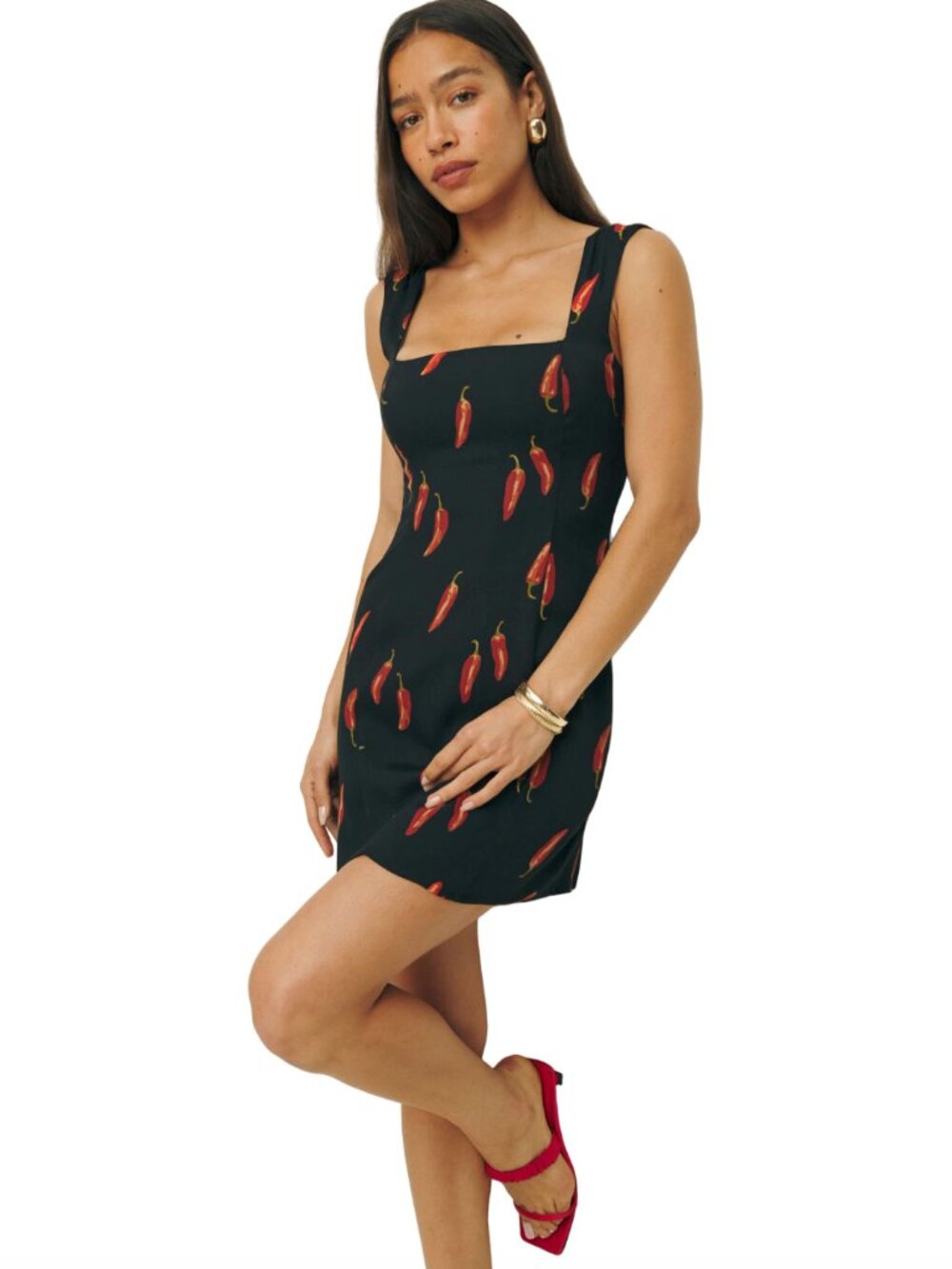 Reformation Black Red Chili Pepper Gabin Adjustable Strap Lightweight Mini Dress